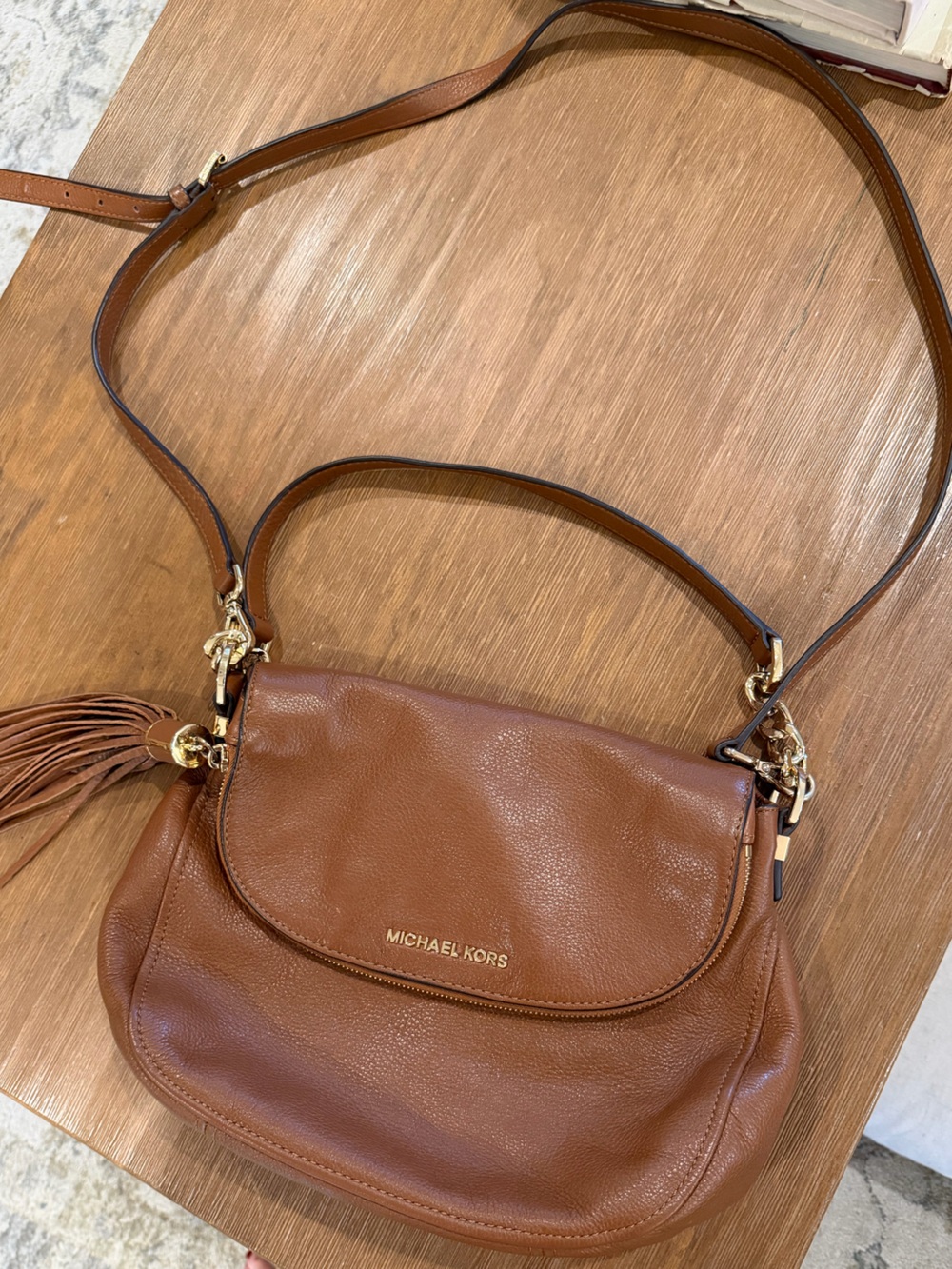Michael Kors Cognac Pebbled Leather Crossbody Shoulder Bag with Tassel